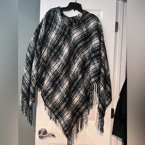 Ralph Lauren Black and White Plaid Fringe Shawl